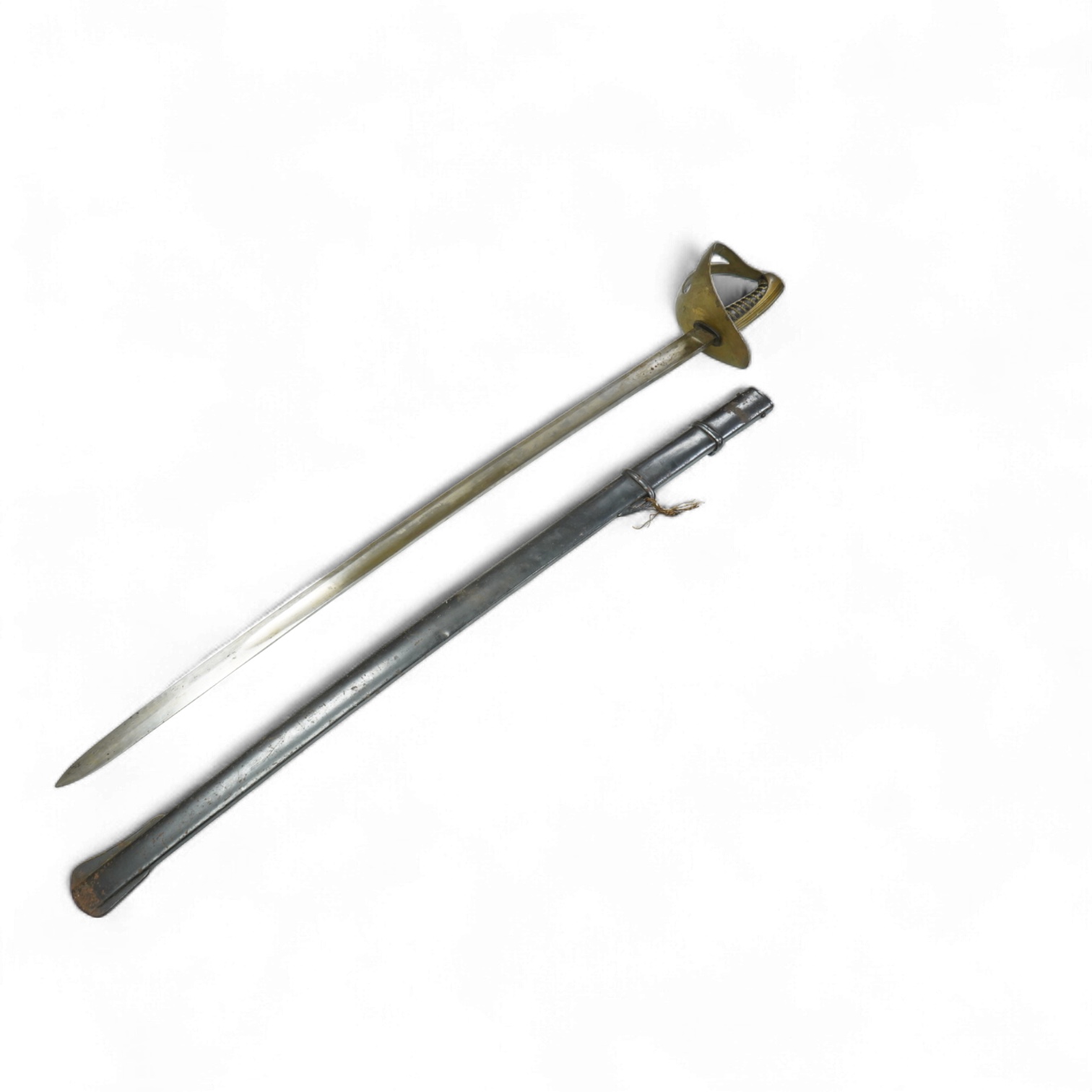 A 19th century Swedish cavalry trooper’s sword, regulation brass guard with pierced opening brass wire bound grip blade struck with military markings, in its black iron scabbard